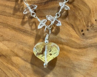 Heart Pendant - Crystal Quartz Heart with Gold Leaf Encased - Herkimer Diamond and Sterling Silver Chain - Special Valentine’s Day Jewelry