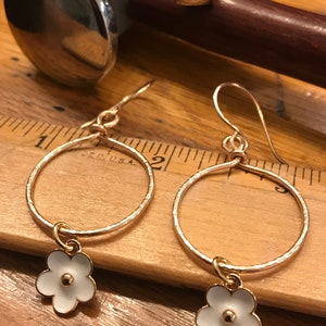 Earrings Bronze Wire Hoops with Daisy Drops Hand Forged Bronze Hoop Earrings Summer Jewelry Valentines Earrings Gift image 2