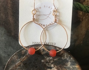 Hand-Forged Large Brass Hoop Earrings with Orange Recycled African Glass