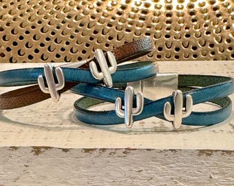 Handmade Leather Cactus Bracelet: Sterling Silver Plated Boho Bangle