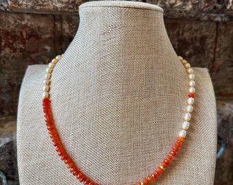 Peach Pearl & Carnelian Necklace: Hand-Knotted Silk Cord, Gold Vermeil