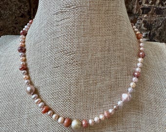 Peach Pearl & Moonstone Necklace: Handknotted Silk Cord, Thai Silver