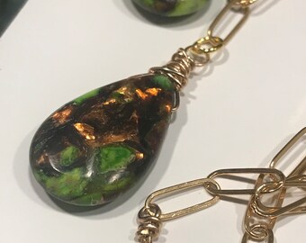 Lime Green Impression Jasper with Bronzite Pendant on Gold Fill Paper Clip Chain - Hand Forged Gold Fill Clasp - Unique Pendant Necklace