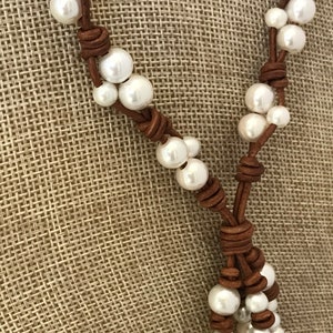 Pearl and Leather Necklace Pearl Lariat Tassel Necklace Boho Western Jewelry Long Boho Pearl Necklace Leather Lariat Boho Lariat image 3
