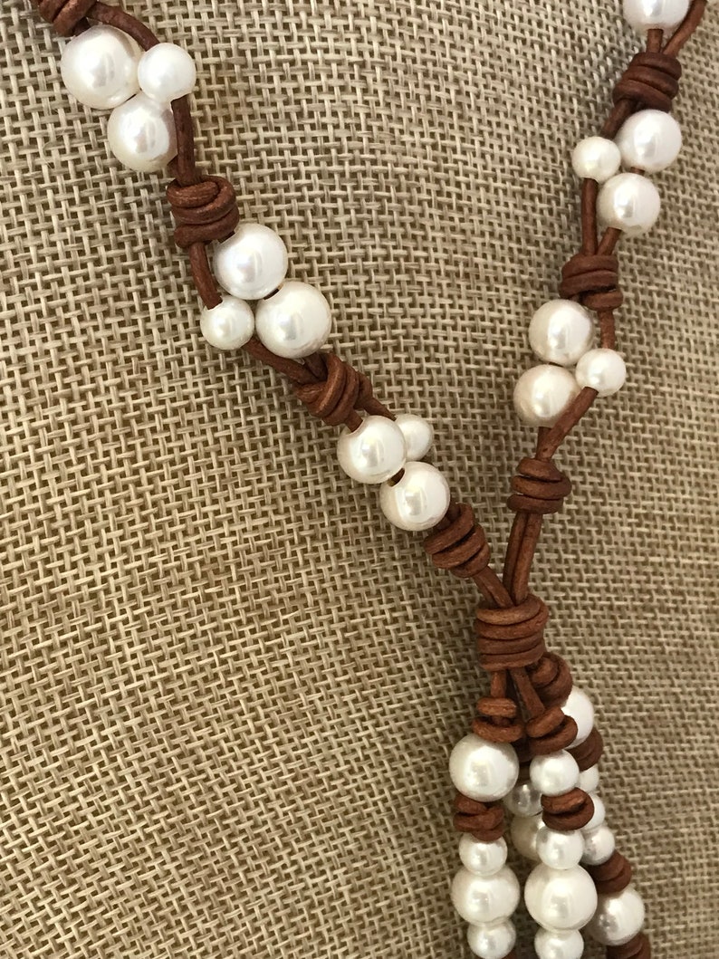 Pearl and Leather Necklace Pearl Lariat Tassel Necklace Boho Western Jewelry Long Boho Pearl Necklace Leather Lariat Boho Lariat image 3