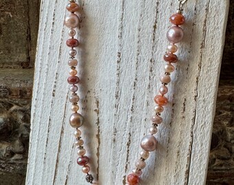 Pearl, Moonstone and Hilltribe Silver Necklace - Edison Pearl Necklace - Boho Pearl Necklace - Lyn Sixty - One of a Kind Necklace - OOAK