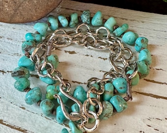 Sonoran Turquoise Necklace or Bracelet: Hilltribe Silver Chain - Western Boho - Necklace or 3 Wrap Bracelet - Fair Trade - Recycled Silver