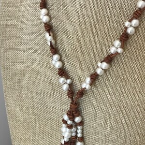 Pearl and Leather Necklace Pearl Lariat Tassel Necklace Boho Western Jewelry Long Boho Pearl Necklace Leather Lariat Boho Lariat image 4