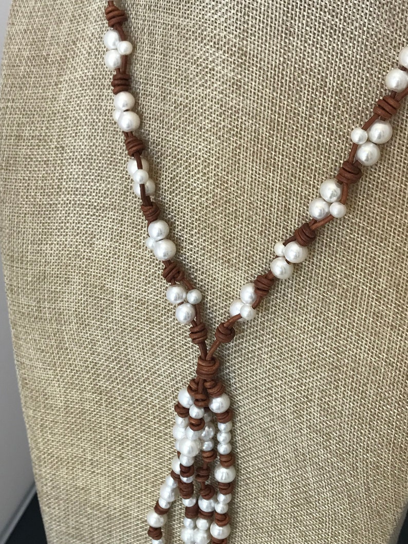 Pearl and Leather Necklace Pearl Lariat Tassel Necklace Boho Western Jewelry Long Boho Pearl Necklace Leather Lariat Boho Lariat image 4