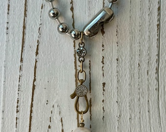 Chunky Stainless Steel Ball Chain Choker: Pearl Pendant, 90’s Grunge
