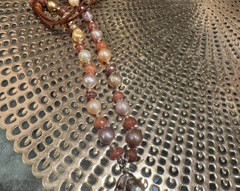 Edison Pearl and Moonstone Necklace Hand-knotted on Silk Cord - Baroque Pearl Pendant - Hilltribe Silver