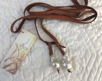 Deerskin Lariat with Two Baroque Pearls