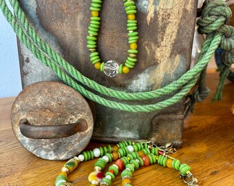 African Recycled Glass Necklace: Green, Gold, Crystal Quartz & Vintage Brass