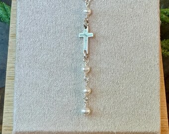 Dainty Sterling Silver Chain with Tiny Sterling Silver Cross and Petite Pearls - Y Necklace - Religious Jewelry - Christian Necklace