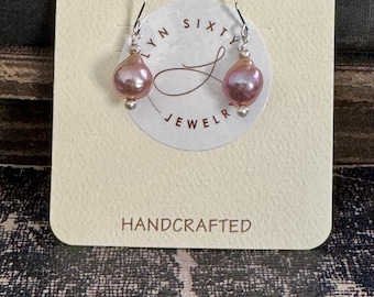 Baroque Pearl Drop Earrings: Pink Pearl, Sterling Silver, Handcrafted