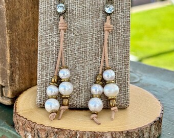 Leather, Pearl and Rhinestone Earrings