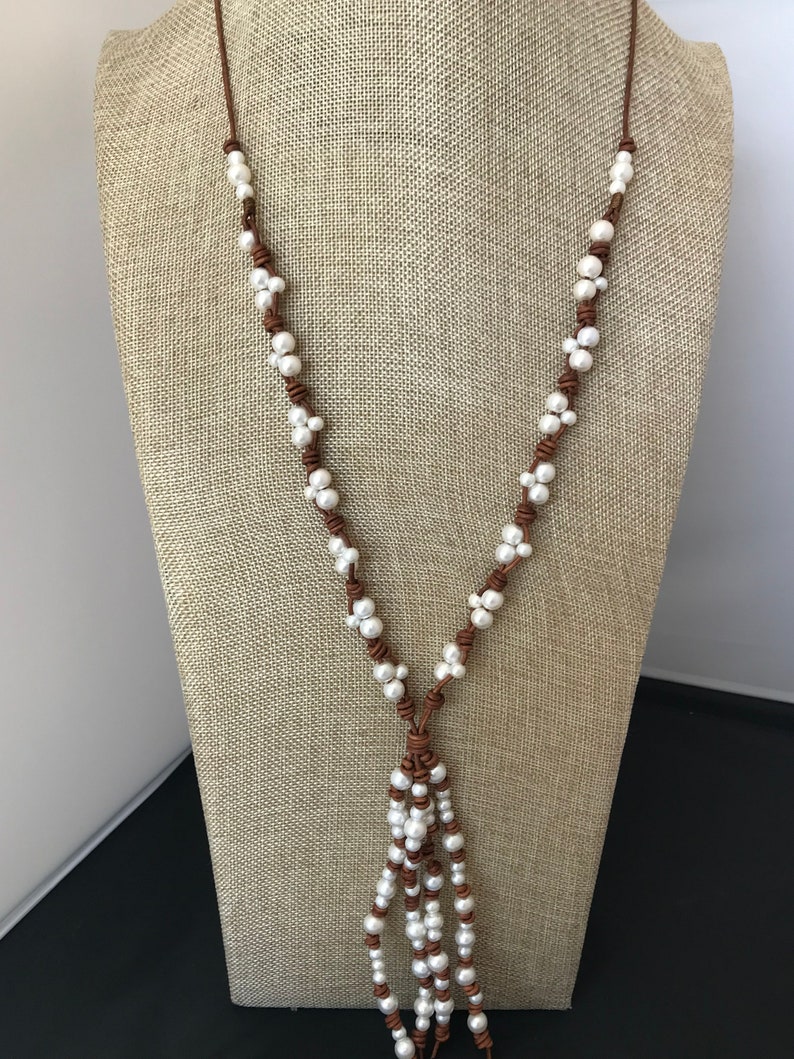 Pearl and Leather Necklace Pearl Lariat Tassel Necklace Boho Western Jewelry Long Boho Pearl Necklace Leather Lariat Boho Lariat image 7
