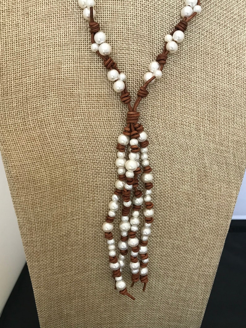 Pearl and Leather Necklace Pearl Lariat Tassel Necklace Boho Western Jewelry Long Boho Pearl Necklace Leather Lariat Boho Lariat image 2