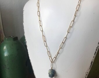 Aquamarine Pendant on Gold-fill Paper Clip Chain/March Birthstone Jewelry/Aquamarine and Pearl Necklace/19th Anniversary Jewelry Gift/Unique