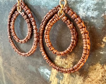Macrame Leather Hoop Earrings: '70s Boho Style - Handcrafted