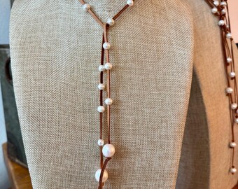 Deer Tan Leather Pearl Lariat Necklace: Multi-Wear Choker, Bracelet, Belt