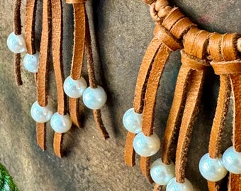 Dream Catcher Earrings - Handmade Leather and Pearl Fringe Earrings: Western Boho Style - Macrame Earrings
