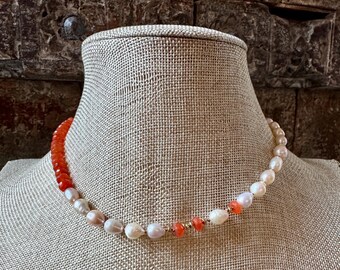 Peach Pearl & Carnelian Necklace: Gold Vermeil Clasp, Hand-Knotted Silk Cord