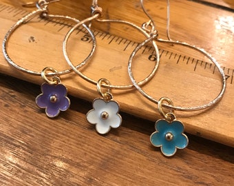 Bronze Hoop Earrings: Enamel Daisy Dangles, Handmade Jewelry