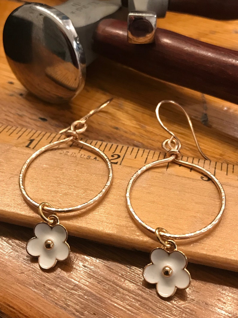 Earrings Bronze Wire Hoops with Daisy Drops Hand Forged Bronze Hoop Earrings Summer Jewelry Valentines Earrings Gift image 2