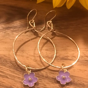 Earrings Bronze Wire Hoops with Daisy Drops Hand Forged Bronze Hoop Earrings Summer Jewelry Valentines Earrings Gift image 10