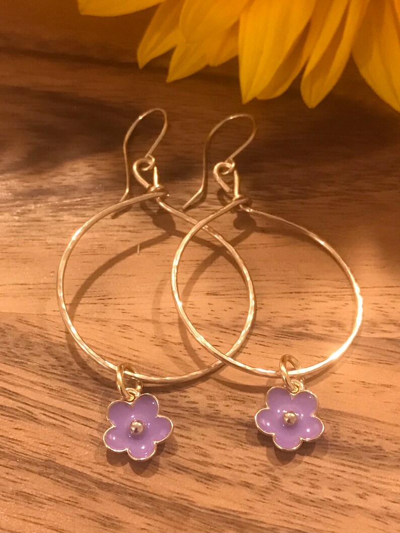 Earrings Bronze Wire Hoops with Daisy Drops Hand Forged Bronze Hoop Earrings Summer Jewelry Valentines Earrings Gift image 10