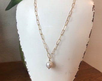 Gold Fill Chain with Edison Pearl Necklace. Handcrafted Gold Fill Clasp. 18”