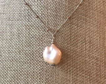 Coin Pearl and Sterling Silver and Rose Gold Chain Necklace or Silver Coin Pearl Necklace on Oxidized Sterling Chain - Peach Coin Pearl