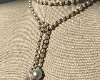 Lariat - Lariat Pearl Necklace - Long Pearl Necklace - Bridal Jewelry - Boho Wedding Pearl Necklace - Leather and Pearl Lariat - Pearl Belt