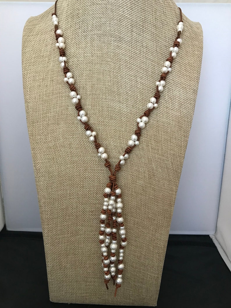 Pearl and Leather Necklace Pearl Lariat Tassel Necklace Boho Western Jewelry Long Boho Pearl Necklace Leather Lariat Boho Lariat image 1