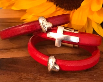 Leather Bracelet - Leather Cuff - Leather Bangle - Valentine’s Jewelry for Woman - Red Leather Bracelet - Heart Bracelet - Cross Bracelet