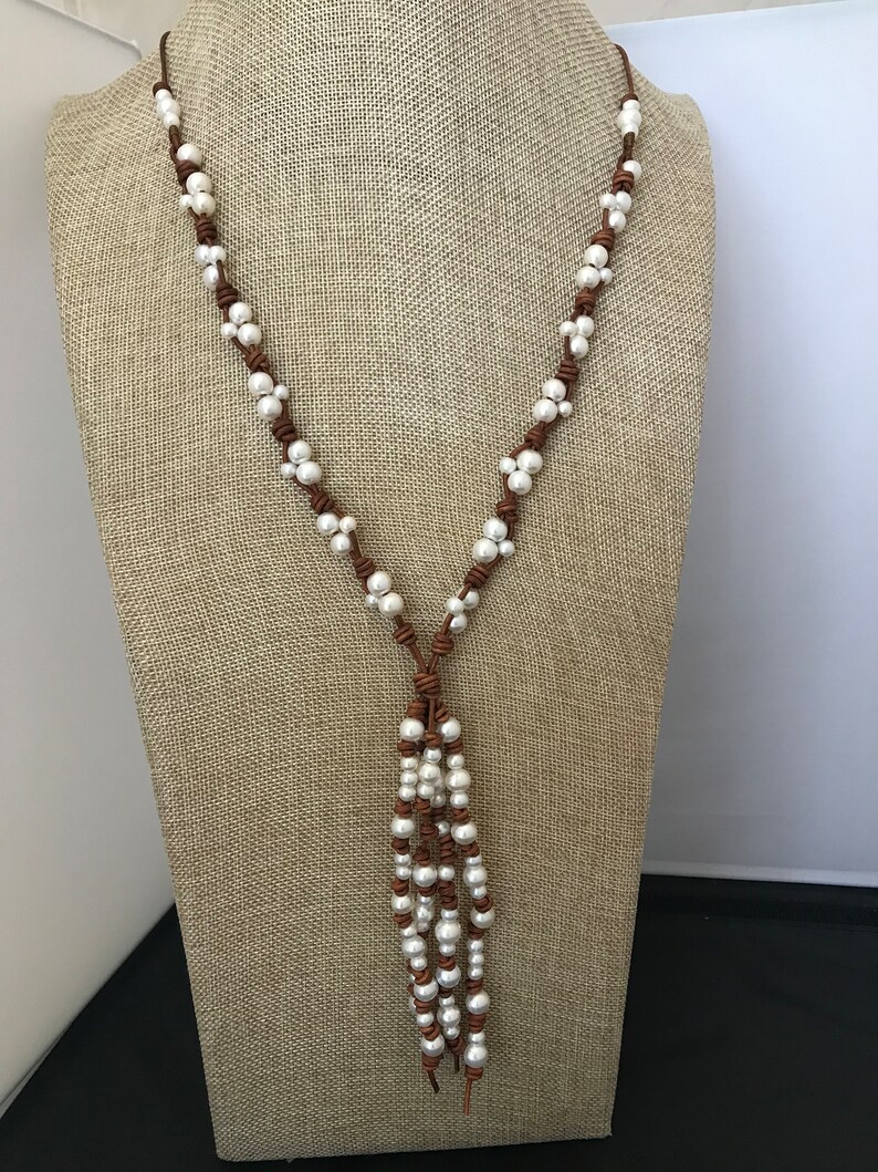 Pearl and Leather Necklace Pearl Lariat Tassel Necklace Boho Western Jewelry Long Boho Pearl Necklace Leather Lariat Boho Lariat image 9