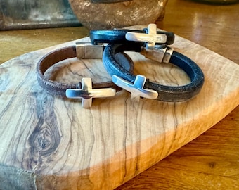 Leather Cross Bracelet: Unisex Sterling Silver Accent Cuff