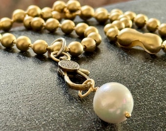 Chunky Ball Chain Necklace: Edison Pearl Pendant, Matte Gold - Antique Silver - Vintage Crystal- Baroque Pearl