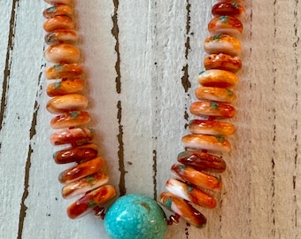 Spiney Oyster and Turquoise Necklace - Spiny Oyster Necklace - Kingman Turquoise Pendant