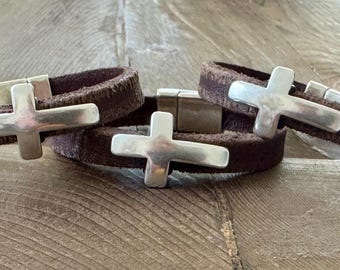 Distressed Leather Cross Bracelet: Boho Style Bracelet