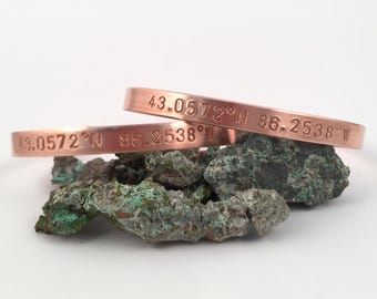 Longitude and Latitude Copper Cuff, Personalized Unisex Stamped Copper Cuff, Michigan Jewelry, Coordinates Bracelet, Lat Long Cuff Bracelet