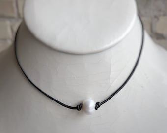 Pearl & Leather Choker Necklace | Single White Freshwater Pearl on Black Leather | 15" or Choose Your Size