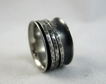 Spinner Ring | Sterling Silver Fidget Ring | Wide Band Ring With Spinning Rings | Oxidized Silver Textured Ring |