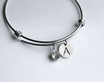 April Birthstone "diamond" Bangle Bracelet with initial charm - all stainless steel, triple-loop expandable bangle. Aries Taurus  birthday