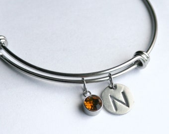 November Birthstone yellow topaz Bangle Bracelet w/ initial charm - all stainless steel, triple-loop expandable bangle. scorpio sagittarius