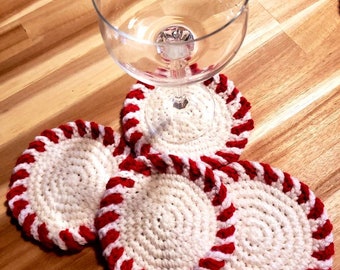 Peppermint Candy Coasters: Crocheted Acrylic Yarn, Set of 4