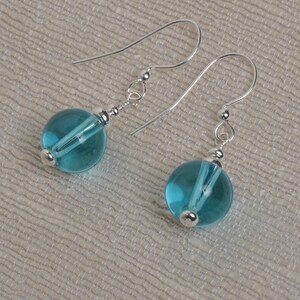 Turquoise Round Glass 10 mm Bead Earrings, Silver color accent beads, Light Turquoise Color