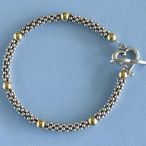 Gold and Silver Mixed Metals Bracelet, Sterling Silver Bali Beads and 14 kt Gold-filled Beads Bracelet, Two-Toned Look, Toggle Clasp