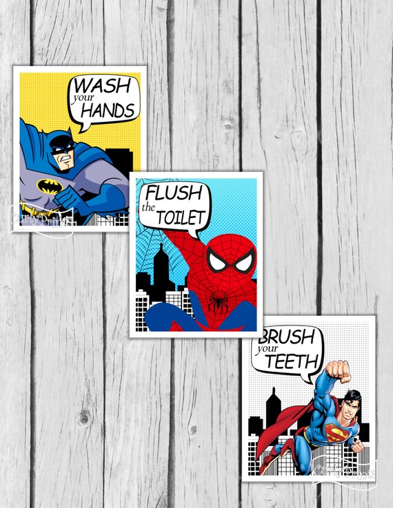 Superhero Bathroom Wall Art Batman Room Decor Superman Boys Etsy